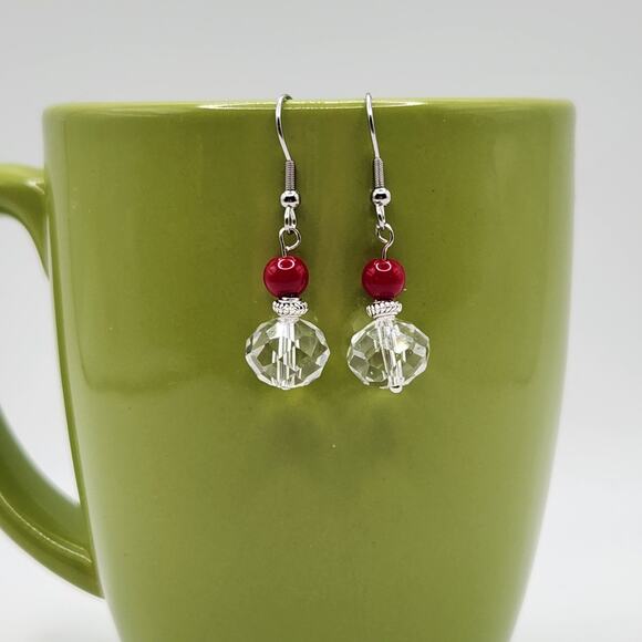 Handmade Earrings with Crystal, Red Coral – 1.5" Dangle - Picture 6 of 6